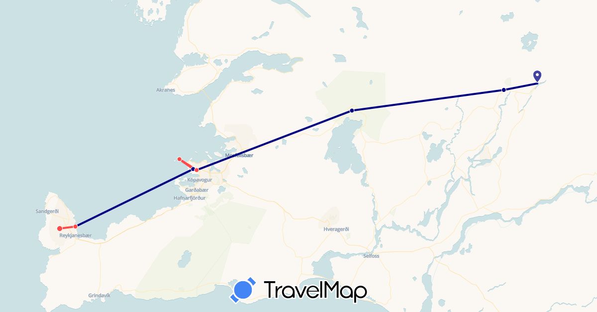 TravelMap itinerary: driving, hiking in Iceland (Europe)